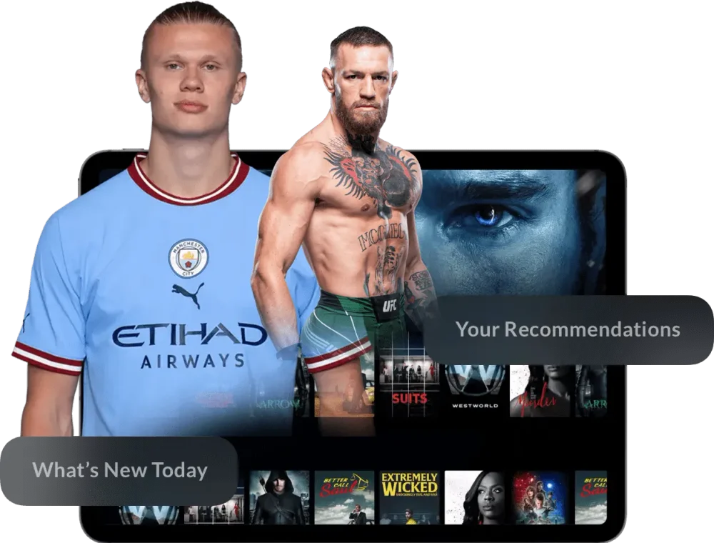 Football and mixed martial arts alongside a television showing film artwork