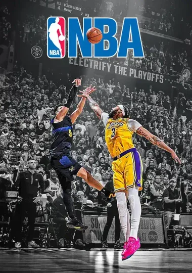 Two basketball players contesting a shot in a crowded arena